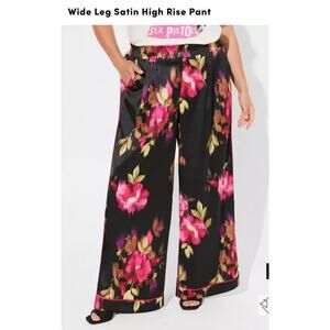 Torrid Black Floral Wide-Leg Satin Pants – Size 2S
